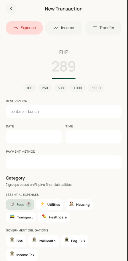 Odin add transaction screen